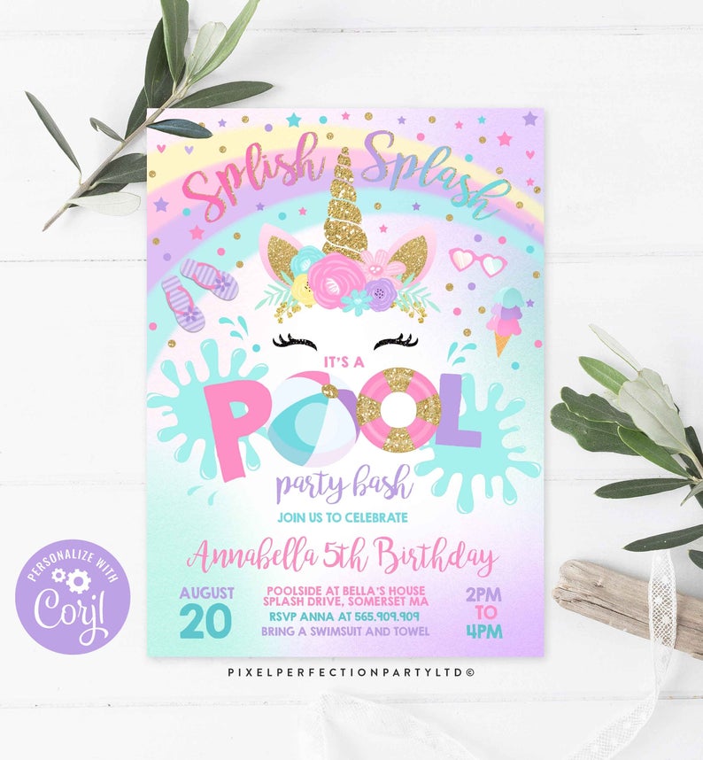 Pool Party Invitation Unicorn Pool Party Invitation Unicorn Pool Float Splish Splash Pool Party Bash Instant Download Editable Corjl UP1
