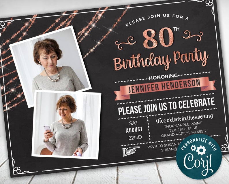 80th Birthday Photo Invitation EIGHTY Invite Party Photo Invite – Rose Gold Digital Instant Download 5×7 – Editable – adult womens