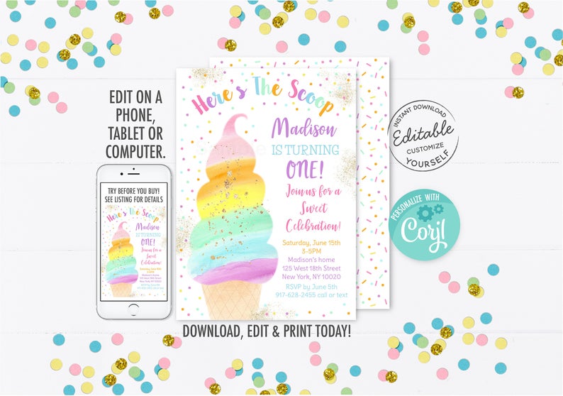 EDITABLE Here’s The Scoop Birthday Invitation Ice Cream Birthday Party Rainbow Ice Cream Girl Ice Cream Party Printable Digital Corjl A499