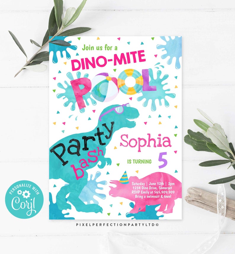 Dinosaur Pool Party Invitation Dinosaur Birthday Invitation Dinosaur T-Rex Pool Party Dinosaur Party Instant Download Editable PDF File 06