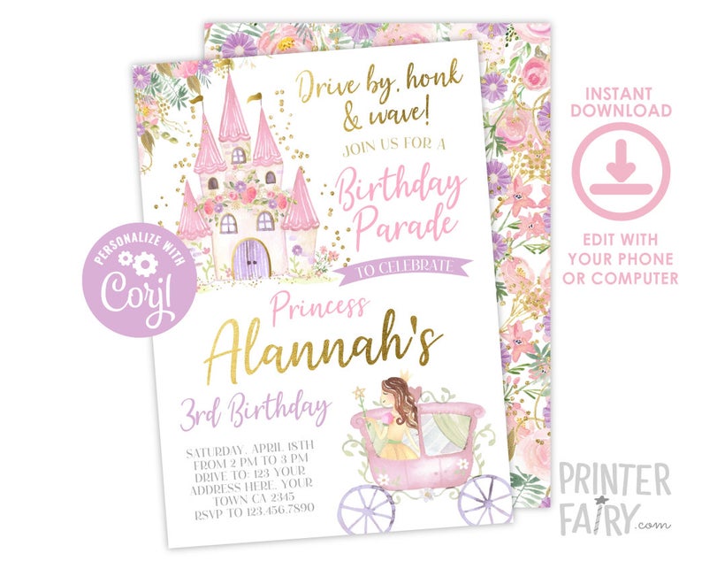 Drive Through Birthday Party, EDITABLE, Princess Invitation, Quarantine Birthday, Virtual, Birthday Parade Invitation, INSTANT DOWNLOAD