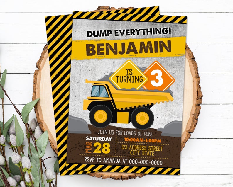 Editable Construction Birthday Invitation, Construction Invitation, Dump Truck Invitation Party Invite Corjl S0114 (Pdf / Jpg file only)