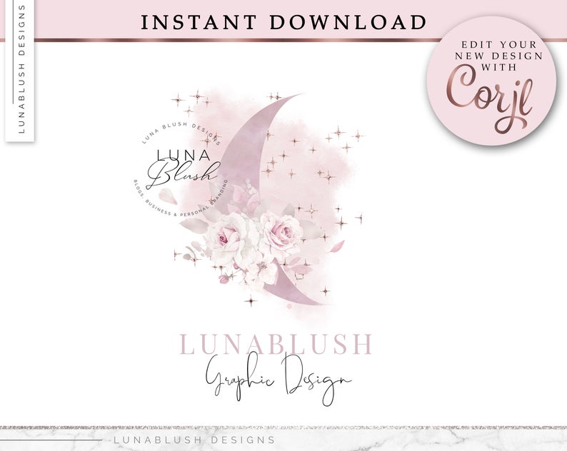 CRESCENT MOON Logo Design, Rose Gold logo, instant download, Edit your design with Corjl
