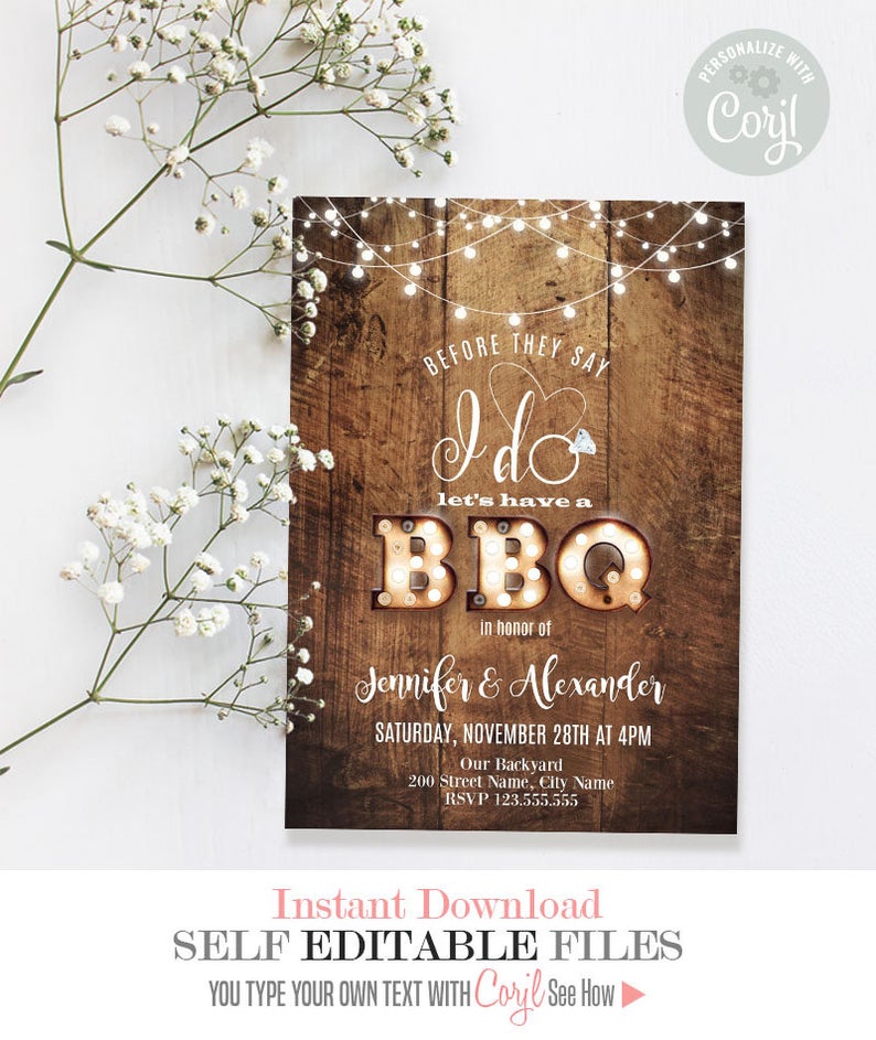 BBQ Invitation, before they say I do bbq, printable editable templates, Instant Download, Edit with Corjl, A314