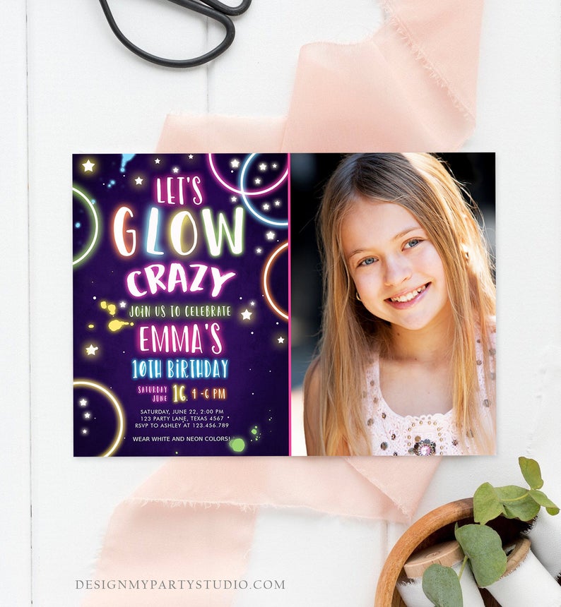 Editable Let’s Glow Crazy Birthday Invitation Glow Party Neon Glow In The Dark Party Girls Teen Pink Download Printable Template Corjl 0172