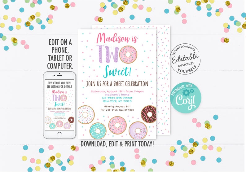 Donut Two Sweet Birthday Invitation, Donut Birthday Invite, Pink Donut, Donut Party, 2nd Birthday, Doughnut, Printable Instant Download A500