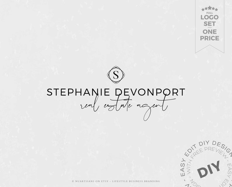 SIX Editable DIY logos: Premade predesigned logo, Modern Real Estate logo, Minimalist Realtor logo. Full Logo Set – Edit today, Use today!