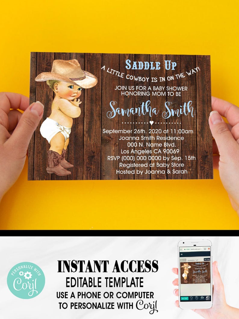 Little Cowboy is on the way baby shower blue mom to be shower country rustic western chic invite self editable with Corjl B56155