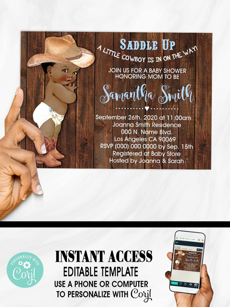 Little Cowboy is on the way baby shower african american vintage baby country rustic western chic invite self editable with Corjl B56155