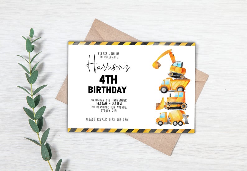 Construction Party Invitation. Vehicle party invitation. Editable customisable with Corjl. Construction trucks. Builder invitation.