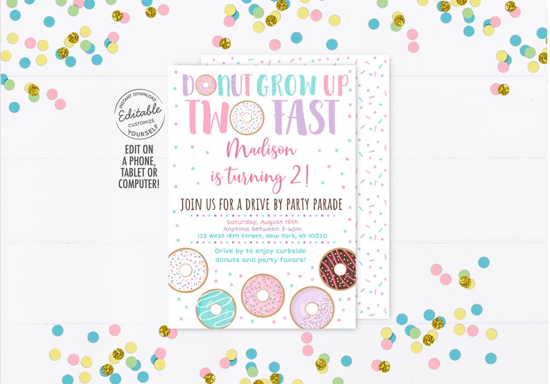 EDITABLE Donut Drive By Birthday Parade Invitation Quarantine Party Girl Donut 2nd Birthday Social Distancing Party Instant Download
