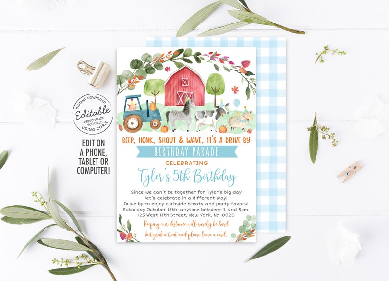 EDITABLE Fall Farm Drive By Birthday Parade Invitation Pumpkin Drive Through Birthday Party Quarantine Party Honk Wave Drive By Party A511