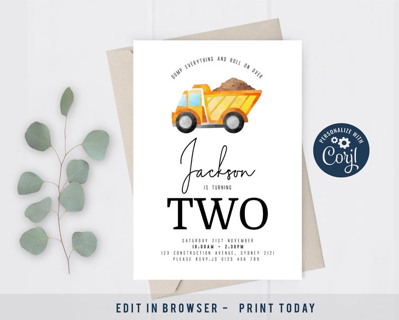 Truck Party Invitation. Construction vehicle party invitation. Editable customisable with Corjl. Construction trucks. Builder invitation.