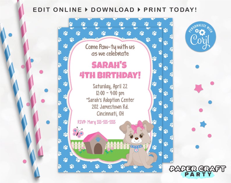 Pink Puppy Invitation, Printable Doggy Invite, Puppy Dog Party, Puppy Adoption Party, Edit Online + Download Today With Free Corjl.com