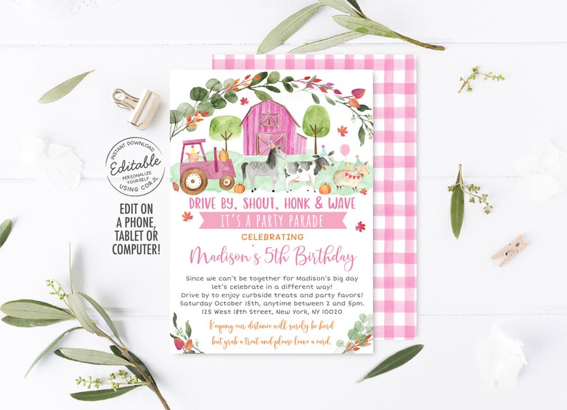 EDITABLE Drive By Birthday Parade Invitation Pink Fall Farm Birthday Drive Through Birthday Party Quarantine Party Pumpkin Drive By A510