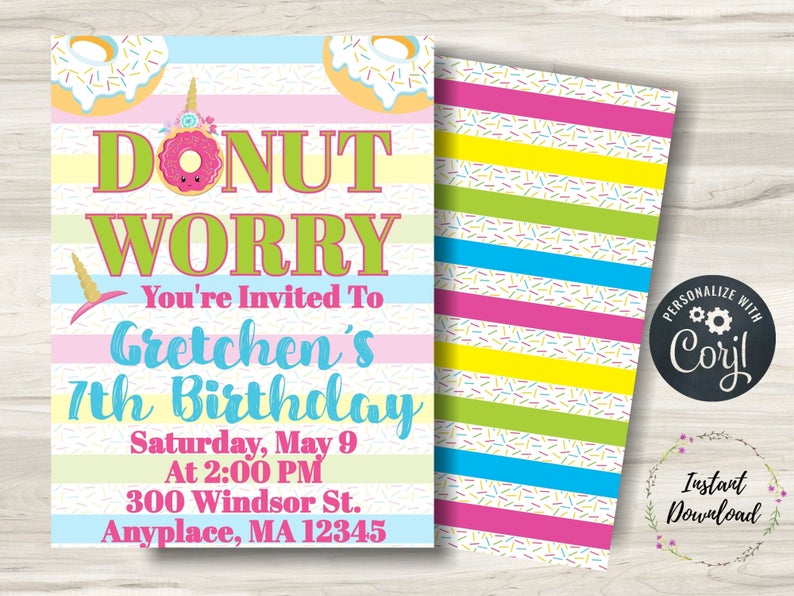 Editable Donut Unicorn Birthday Invitation, Donut Worry Birthday, Sign, Thank You, Magical Celebration, Cake, Sprinkles, Pink,Corjl,Download