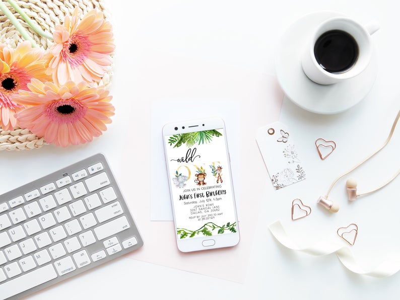 Wild One 1st Birthday Safari Jungle Mobile, animal electronic Invite Invitation Editable INSTANT DOWNLOAD