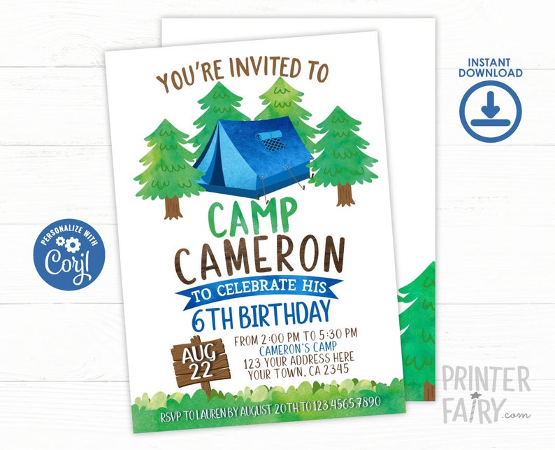 Camping Birthday Invitation, EDITABLE, Summer Camp Birthday Party, Sleepover Invitation, Outdoors Birthday Party, Instant Download