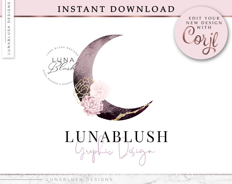 CRESCENT MOON Logo Design, Rose Gold logo, instant download, Edit your design with Corjl