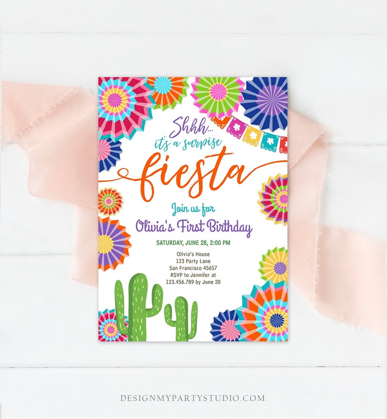 Editable Surprise Fiesta Birthday Invitation Girl Birthday Party Cactus Shhh ANY AGE Mexican Digital Download Corjl Template Printable 0236