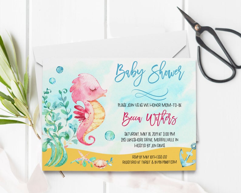 Seahorse Baby Shower Invitation, Baby Shower Template, Printable, Editable Digital File, Instant Download, BSI147