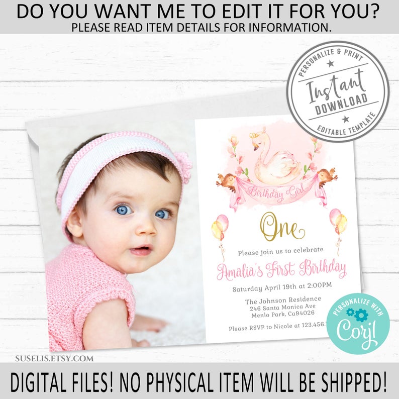 EDITABLE, Birthday Princess Swan Invitation & Back, Corjl Template, Photo, Instant download, Gold, Pink Flower Design, Printable, 10-118