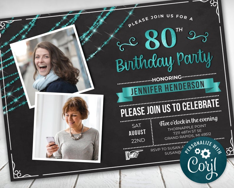 80th Birthday Photo Invitation EIGHTY Invite Party Photo Invite – Teal Faux Foil Digital Instant Download 5×7 – Editable – adult womens