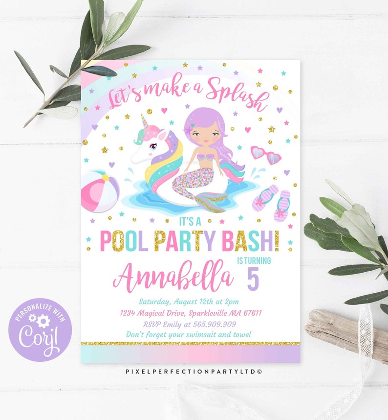 Unicorn Pool Party Invitation Unicorn & Mermaid Pool Party Invite Unicorn Pool Float Pool Party Bash Instant Download Editable File Corjl 7C