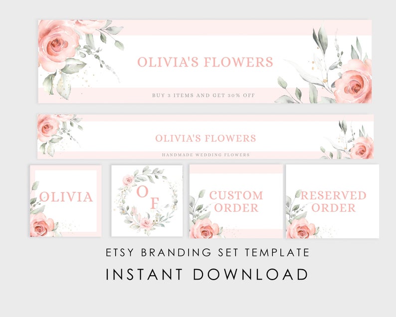 Editable Etsy Shop Branding Kit, Floral Etsy shop banner, Etsy shop icons and custom order. Watercolor banner. DIY banner template Corjl