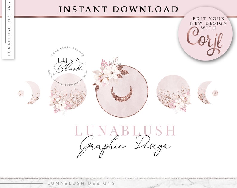 FLORAL MOON PHASE Logo Design, Rose Gold logo, instant download, Edit your design with Corjl