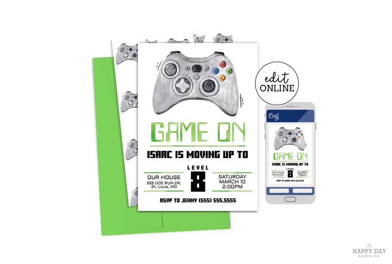 Game On Video Game Birthday Party Invitation Digital File • Edit Yourself Online • Gaming Birthday Kids Party