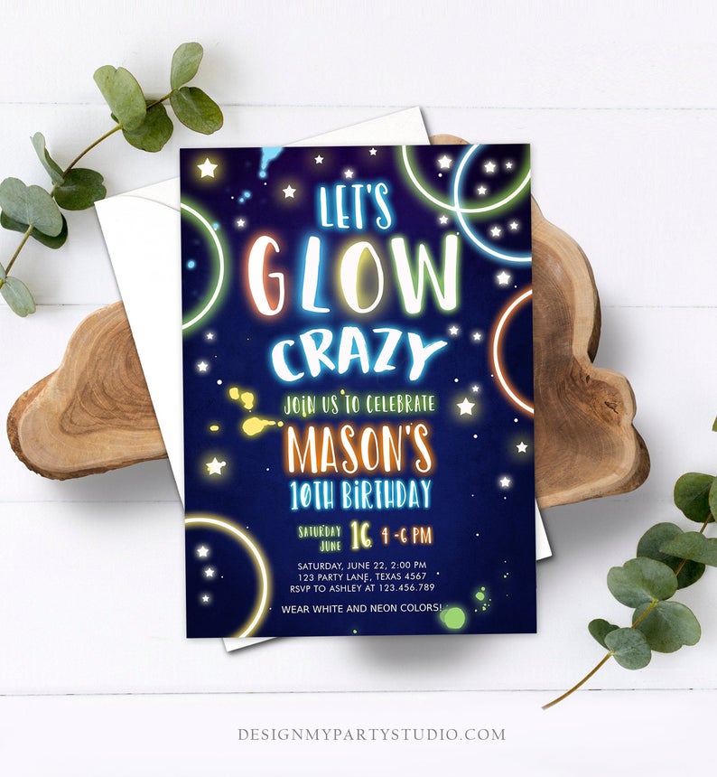 Editable Let’s Glow Crazy Birthday Invitation Glow Party Neon Glow In The Dark Party Boy Teen Blue Download Printable Template Corjl 0172