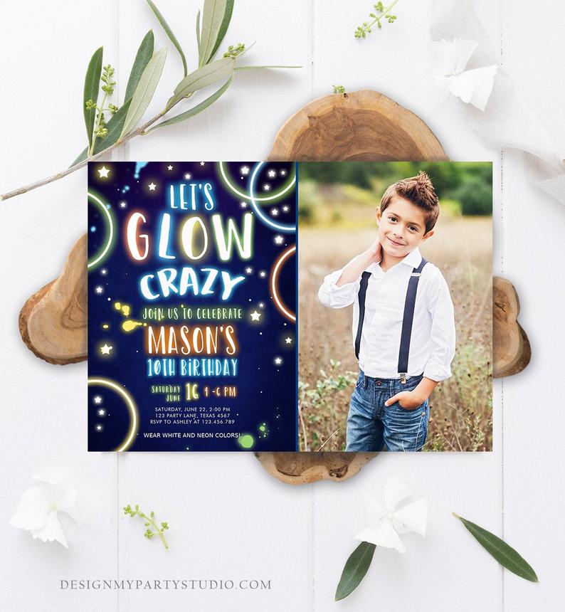 Editable Let’s Glow Crazy Birthday Invitation Glow Party Neon Glow In The Dark Party Boy Teen Blue Download Printable Template Corjl 0172
