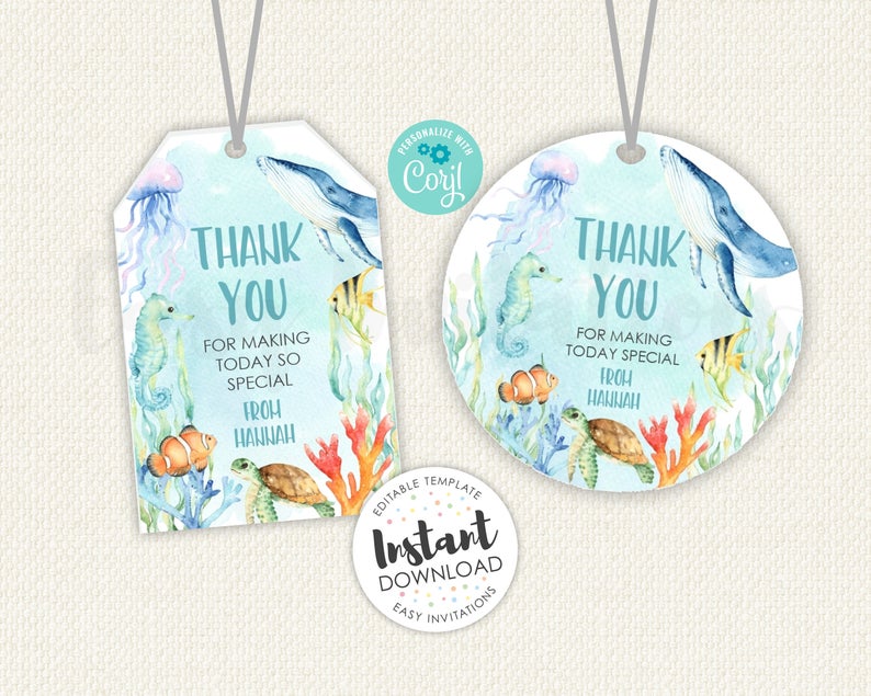 Under The Sea Favor Tags, Editable Favor Tags, Under The Sea Thank You Tags, instant download tags, under the sea tag, ocean birthday, party