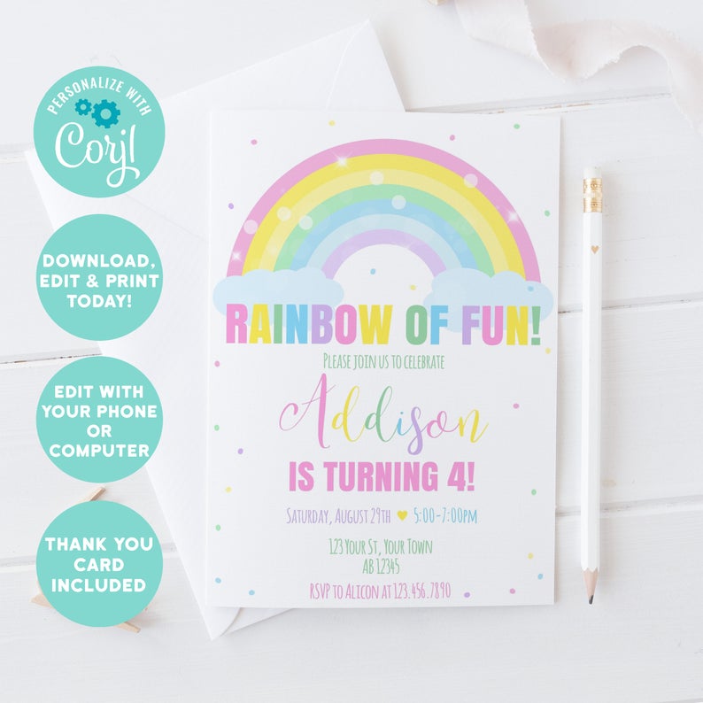 EDITABLE ANY AGE Printable Rainbow Birthday Invitation, Rainbow of Fun Girl Birthday Invitation Template, Rainbow Birthday editable Card