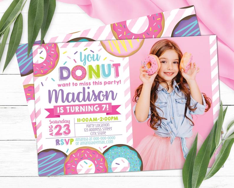 Editable Photo Donut Birthday Invitation, Donut Invitation, Donut Invitation, Doughnut Party Invite S0030 Corjl (Pdf / Jpg file only)