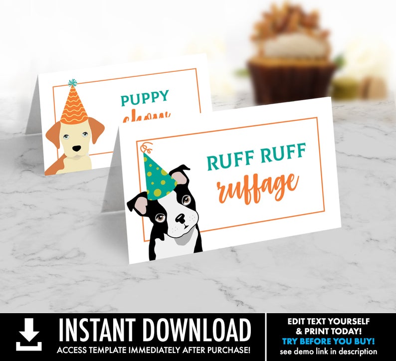 Dog Party Food Labels – Doggie Birthday, Doggy, Puppy, First Birthday, Table Tents | Self-Editing with CORJL – INSTANT Download Printable
