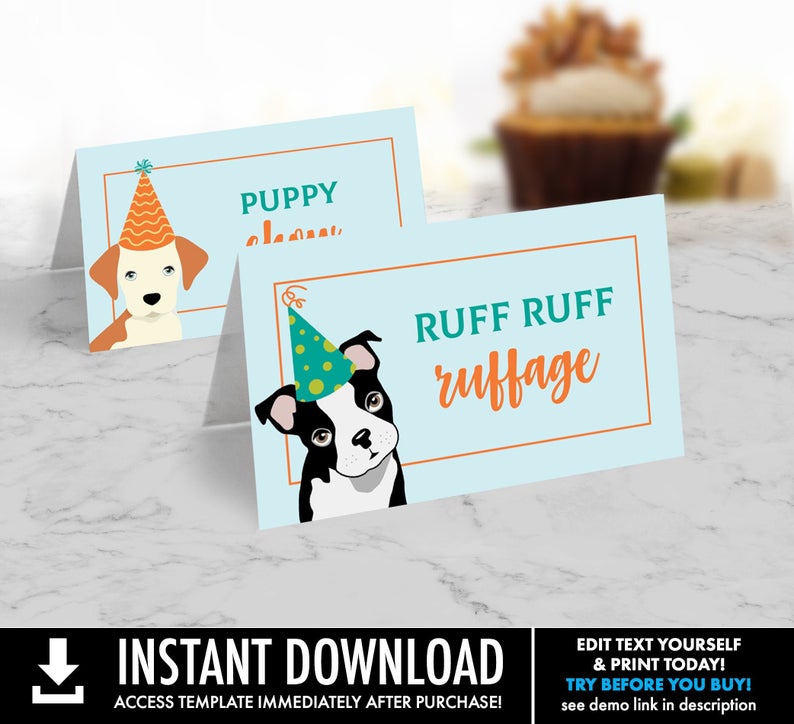 Dog Party Food Labels – Doggie Birthday, Doggy, Puppy, First Birthday, Table Tents | Self-Editing with CORJL – INSTANT Download Printable