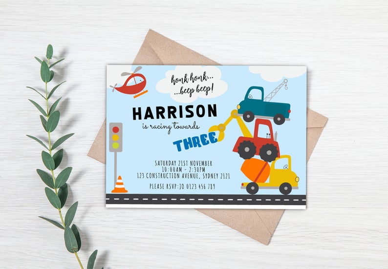 Construction Party Invitation. Vehicle party invitation. Editable customisable with Corjl. Construction trucks. Builder invitation.