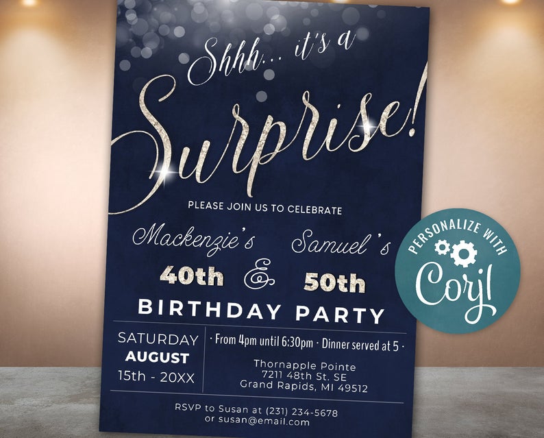 Adult Joint Birthday Invitation – Surprise Invite Silver Glitter & Dark Blue Digital INSTANT download 5×7 Editable adult mens male womens