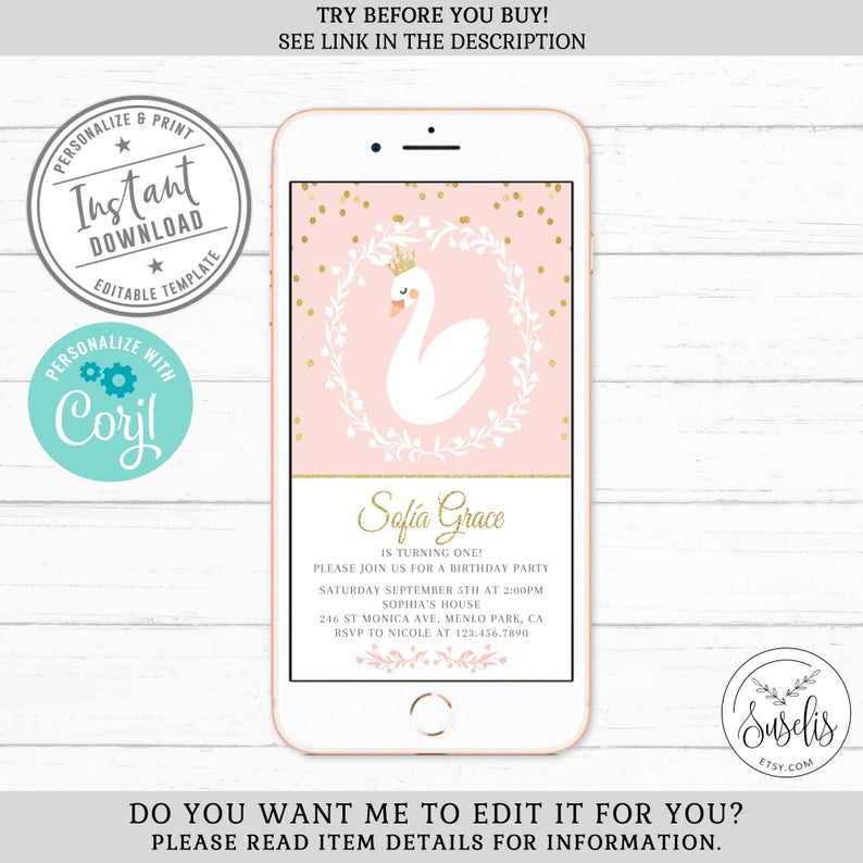 EDITABLE Electronic Birthday Invitation, Corjl Template, Princess Swan, Instant, iPhone, SMS, Digital, Email, Smartphone, Blush Pink, 10-033