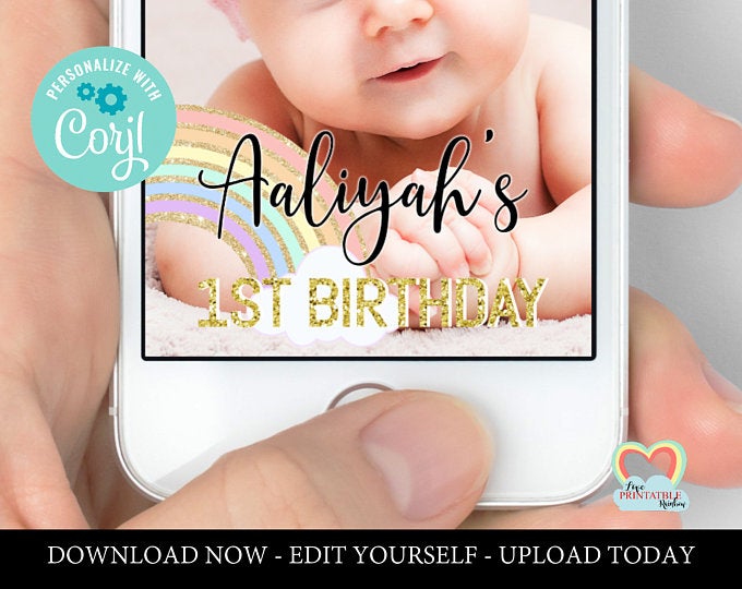 rainbow snapchat geofilter template rainbow baby birthday snapchat filter editable glitter personalised 1st 2nd 3rd 4th 5th instant download