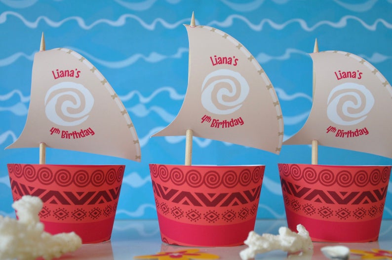 Moana cupcake topper sails and wrappers for birthday party – printable INSTANT DOWNLOAD – Personalize & download sail toppers using Corjl