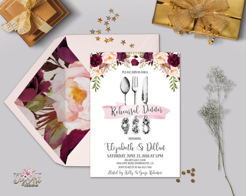 Boho Wedding Rehearsal Dinner Invitation Printable Floral Burgundy Blush Rehearsal Dinner Invite Merlot Reception invite, Digital or Printed