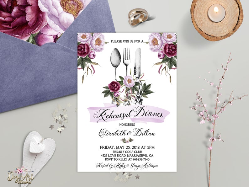 Rehearsal Dinner Invitation Printable Floral Wedding Rehearsal Dinner Invite Burgundy Purple Merlot Lilac Reception invite Digital / Printed