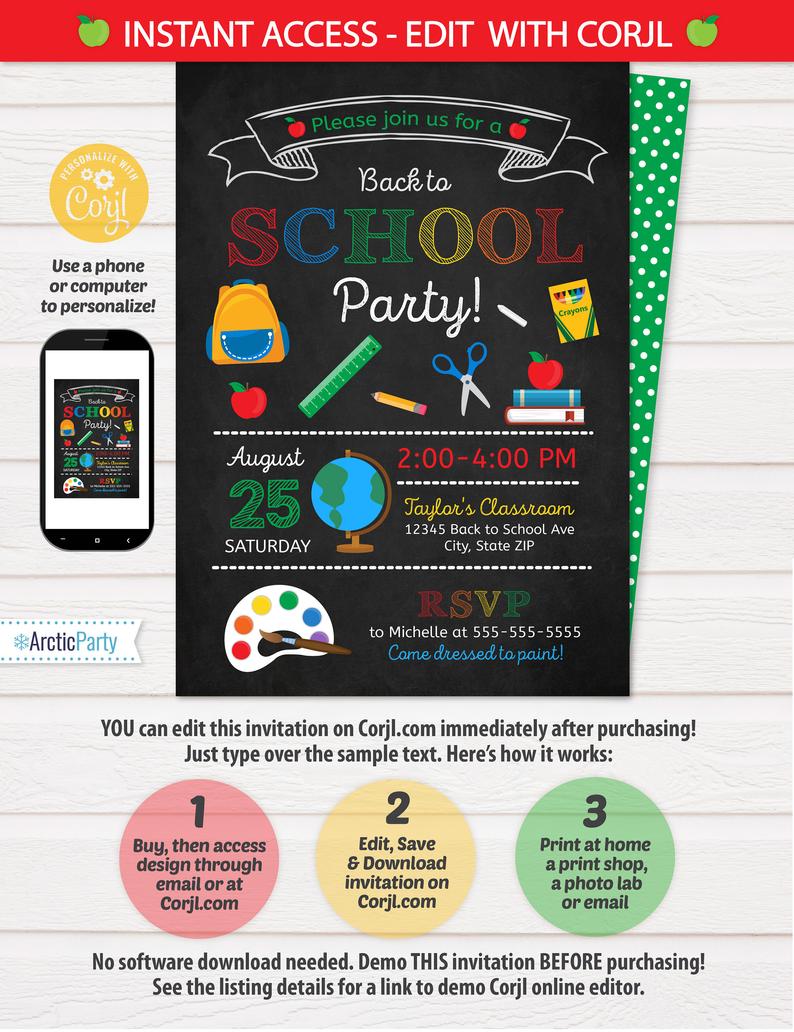 Back to School Party Invitation – Back to School Invitation – Classroom Party – School Party Supplies – INSTANT Access – EDIT at home NOW!