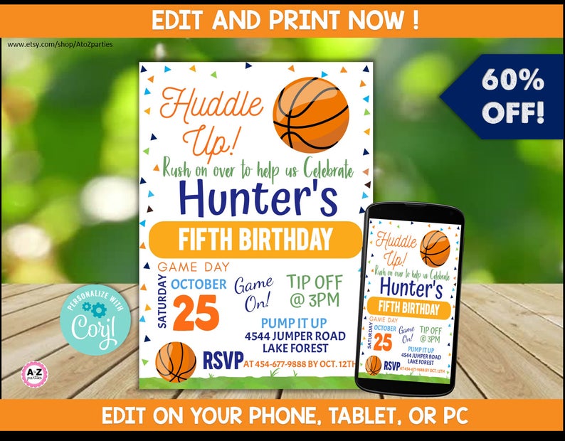 Basketball Party Invitation, Ball Game Time |Huddle Up | Basketball | Sports | Party Invitation | Kid Party | download | Edit | Print Today