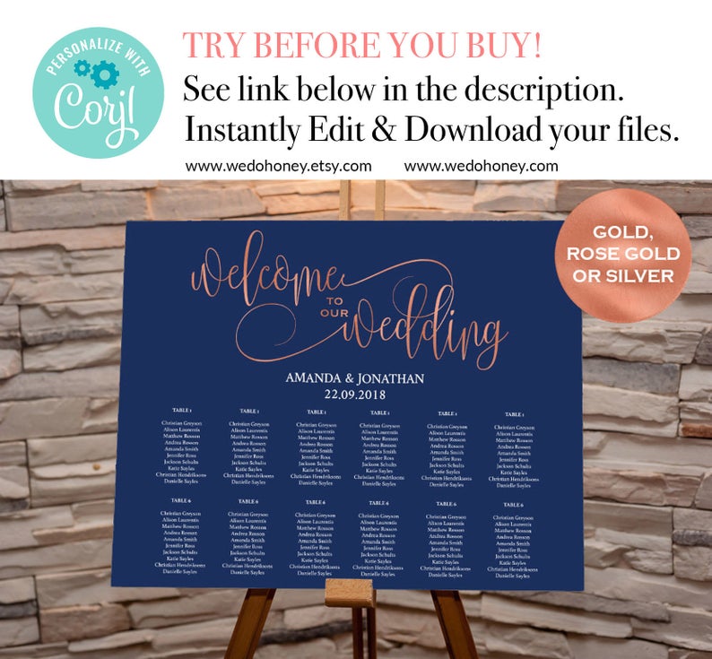Navy Wedding Seating Chart Sign – Seating Template – Minimalist Wedding Seating chart – Rose Gold Wedding – Downloadable wedding #WDH310_5