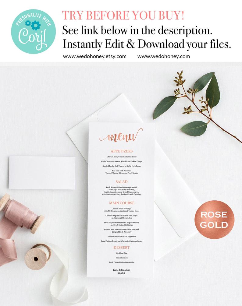 Rose Gold Menu Card Template, Edit on Corjl, Downloadable #WDH320_2