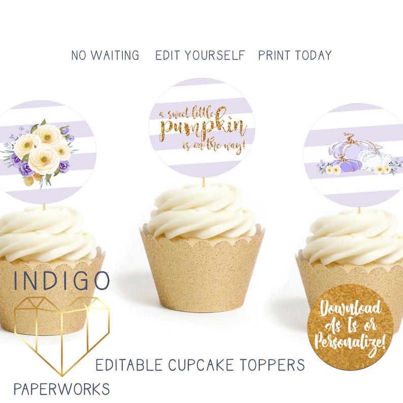 Pumpkin Cupcake Toppers, Fall Little Pumpkin Baby Shower Purple and Gold Floral Autumn Theme DIY Custom Girl Baby Shower Party Favor Tags